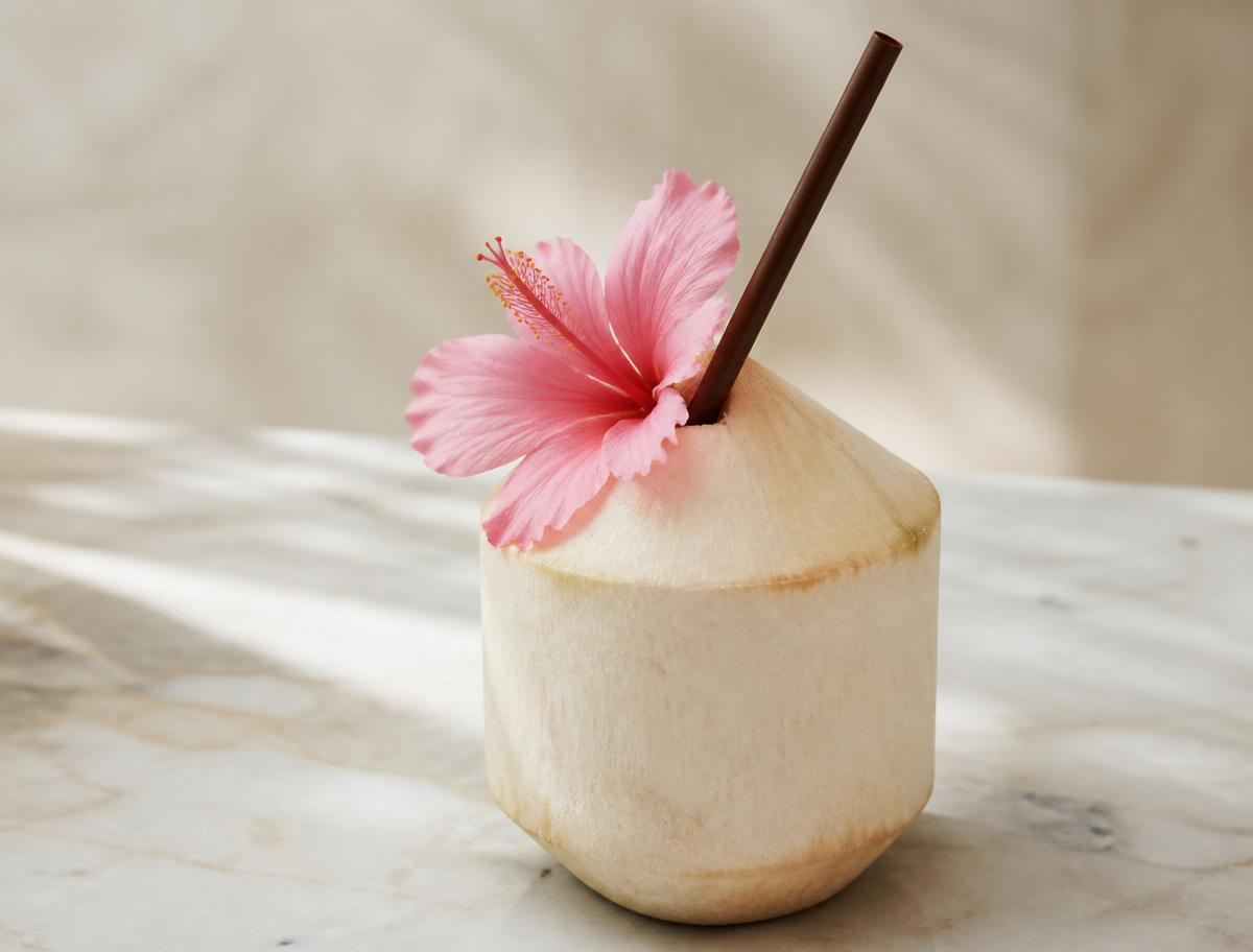 Coconut with a pink hibiscus flower