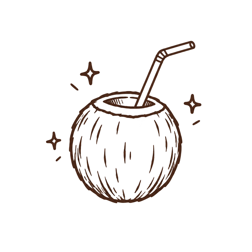 Hand-drawn sketch of a coconut with a straw and sparkles
